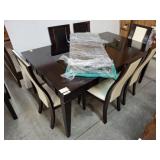 MARBLE INLAID DINING TABLE AND 6 CHAIRS WITH LEAF