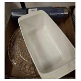 CAKE PLATE, WATER BOTTLE, CORNING WARE DISH