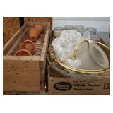 CRATE OF MINIATURE FLOWER POTS, GLASS BOWL,