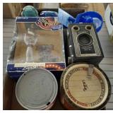 NASCAR FIGURE, ANTIQUE BROWNIE CAMERA, TINS