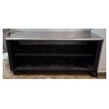 STAINLESS TOP WORK TABLE ON CASTERS WITH CAN OPENE