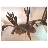 WROUGHT METAL DUCK FIGURE, ON BURL STAND