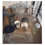 GLASSWARE, CRUET, PITCHERS, CANDLE STICK HOLDERS,