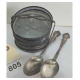 STERLING SPOONS AND STERLING RIM COASTERS