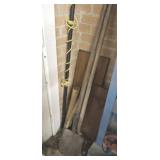ASSORTED YARD TOOLS, SHOVELS, LIMB TRIMMER
