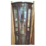 MAHOGANY LIGHTED BEVELED CORNER CURIO CABINET