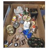 FIGURINES, PLATES, BRASS OIL BOTTLE