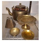 BRASS TEA POT, COMPOTE, COPPER COW BELL