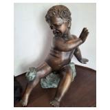 BRONZE BOY AND FROG STATUE