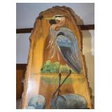 HAND PAINTED BLUE HERON ON CUT LOG