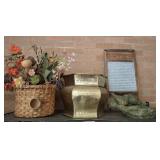 WASH BOARD, BASKET, BIRD BATH TOP, METAL PLANTER