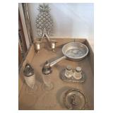 SILVER PLATED SALTS AND PEPPERS, CANDELABRAS,