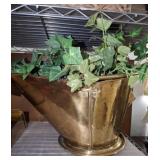 BRASS COAL BUCKET WITH ARTIFICIAL PLANT