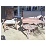 WOODEN PORCH BENCH, ROCKER, CAST TABLE, CAST DOOR