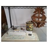 DECORATIVE TIN AND CONTENTS, CURIO SHELF, WOODEN