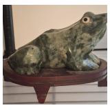 MOSS AGATE/GRANITE FROG ON WOODEN STAND
