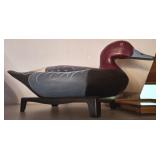 WOODEN PAINTED DUCK DECOY WITH STAMP AND PRINT