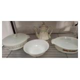 FIRE KING BOWLS AND CASSEROLES, TEA POT