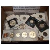 BOX ASSORTED COINS, MINT SET, SILVER COINS, STEEL