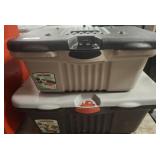 2 RUBBERMAID ROLLING TOTES W/ CONTENTS
