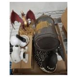 CARVED WOODEN DUCKS, METAL AIRPLANE,