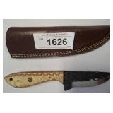 DAMASCUS BLADE FIXED BLADE KNIFE WITH SHEATH, TAN