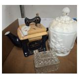 MILK GLASS POWDER JAR, TEA POT