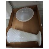 HOBNAIL MILK GLASS VASE, MILK GLASS BOWL