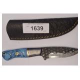 DAMASCUS BLADE FIXED BLADE KNIFE WITH SHEATH, BLUE