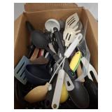 BOX OF ASSORTED KITCHEN UTENSILS AND SIVERWARE