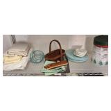 ASSORTED HOUSEHOLD, PLATES, BOWLS, LINENS