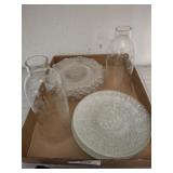 ETCHED GLASS SHADES, SAUCERS,
