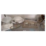 MILK GLASS, GOLD PLATED LACE SERVING PCS, CHAFING