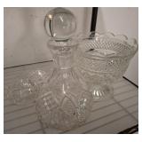 PRESSED GLASS DECANTER, COMPOTE, MISC