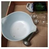 PEWTER BABY RATTLE, PYREX BOWL