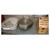 ASSORTED CASSEROLES AND KNIFE BLOCK