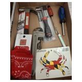 ASSORTED HAND TOOLS, STICKERS, MISC