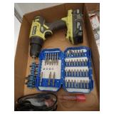 RYOBI DRILL, BATTERY, BITS