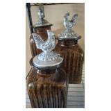 AMBER DECANTERS, PEWTER TYPE LIDS
