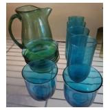 EMERALD GLASS PITCHER, BLUE GOBLETS