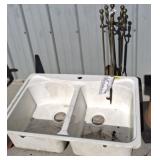 BRASS FIRE TOOL SET, DOUBLE BASIN KITCHEN SINK