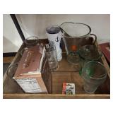 VINTAGE WOODEN BOX,  BEER PITCHER, STEINS, MISC
