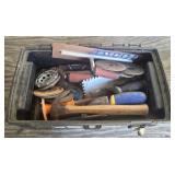 TOOLBOX OF GRINDER WHEELS, MASONRY TOOLS, MISC