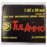 TUL AMMO 7.62X 39MM 122GR HP STEEL CASE 20RDS