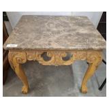 CARVED END TABLE W/  MARBLE TYPE TOP