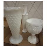 MILK GLASS VASES, COMPOTE, MISC