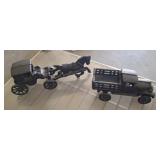 CAST IRON HORSE DRAWN CARRIAGE AND CAR