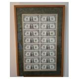 1993 UNCUT SHEET 1 DOLLAR BILLS FRAMED