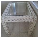 PAIR GLASS TOP WICKER END TABLES