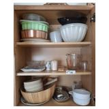 CONTENTS OF CABINET- PANS, SALAD SET, MEASURING